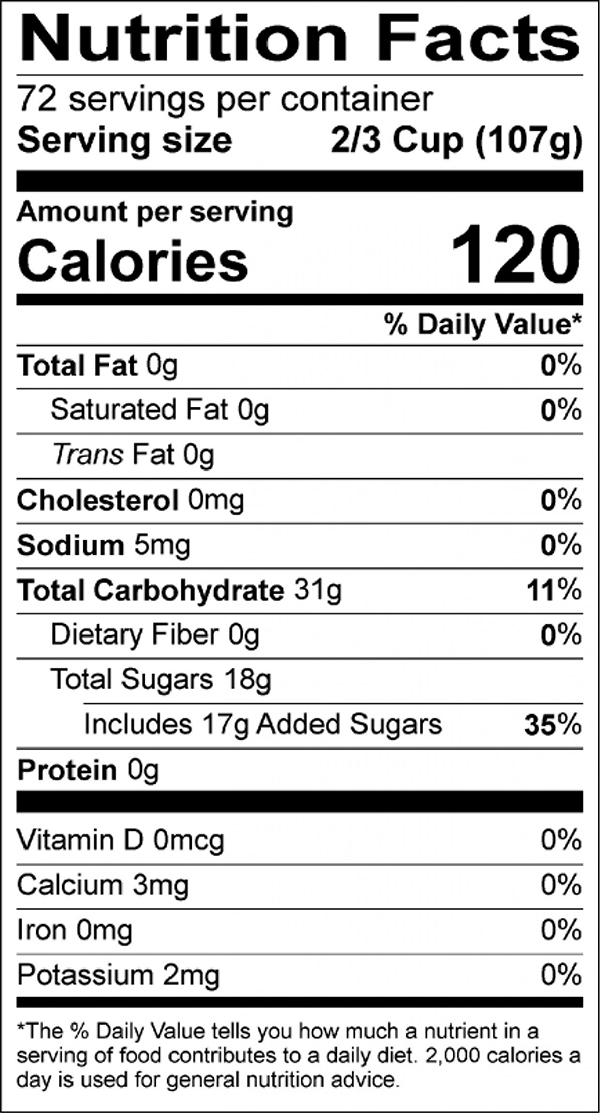 Plain Sorbet Nutrition Label