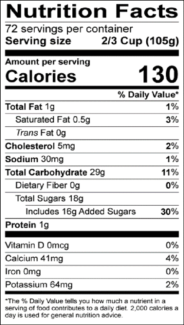 Maui Waui Sherbet Nutrition Label